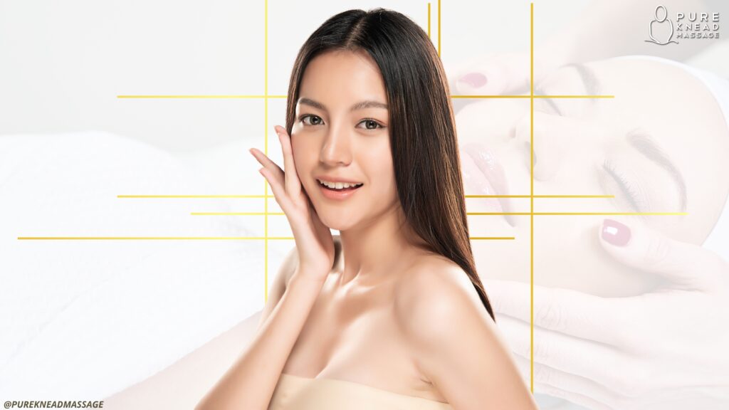 Serene spa setting with a client receiving a rejuvenating facial, soft lighting, luxurious home environment, and soothing ambiance