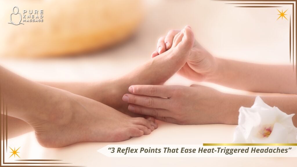 A licensed massage therapist performs reflexology on a client’s foot in a sunlit home setting, with soft linens, a massage table, and calming decor that evokes relaxation and summer wellness.