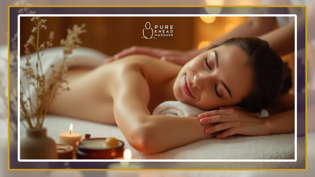 Licensed massage therapist performing reflexology on a relaxed client at home in a sunlit, serene living room with soft linens and calming decor.