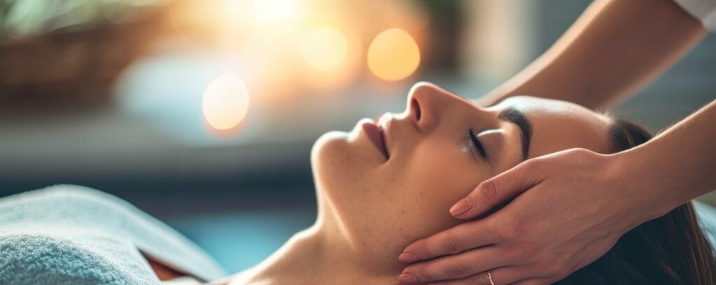 Licensed massage therapist performing craniosacral therapy on a client at home, creating a serene and relaxing environment with soft natural light.